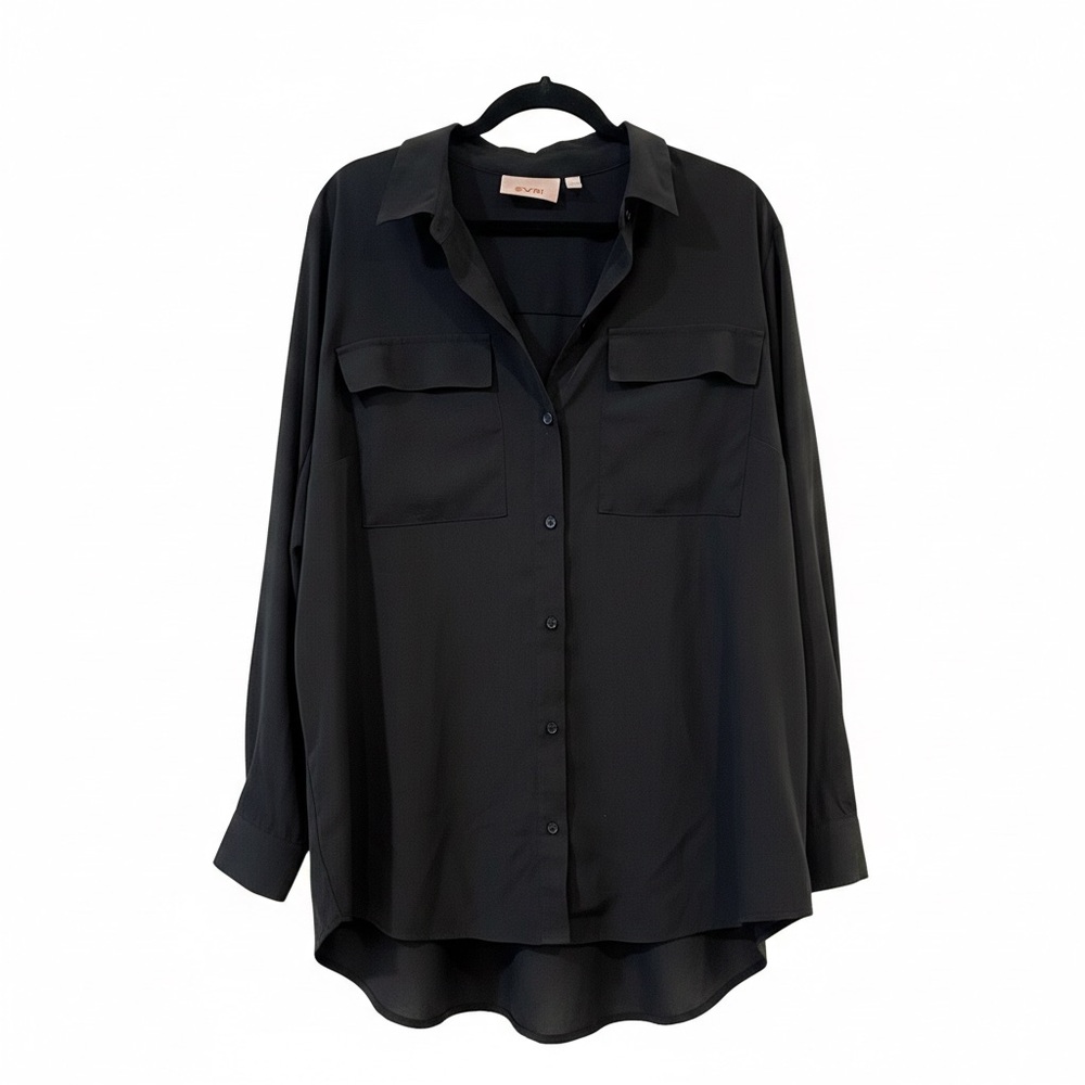 EVRI $40 Black Long Sleeve High-Low Button Down Shirt 1X EUC P2P 25”